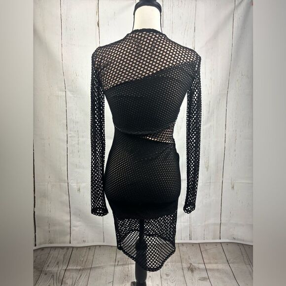 BCBGMAXAZRIA Asymmetrical Mesh Body-Con Dress Black Nude - Picture 4 of 11